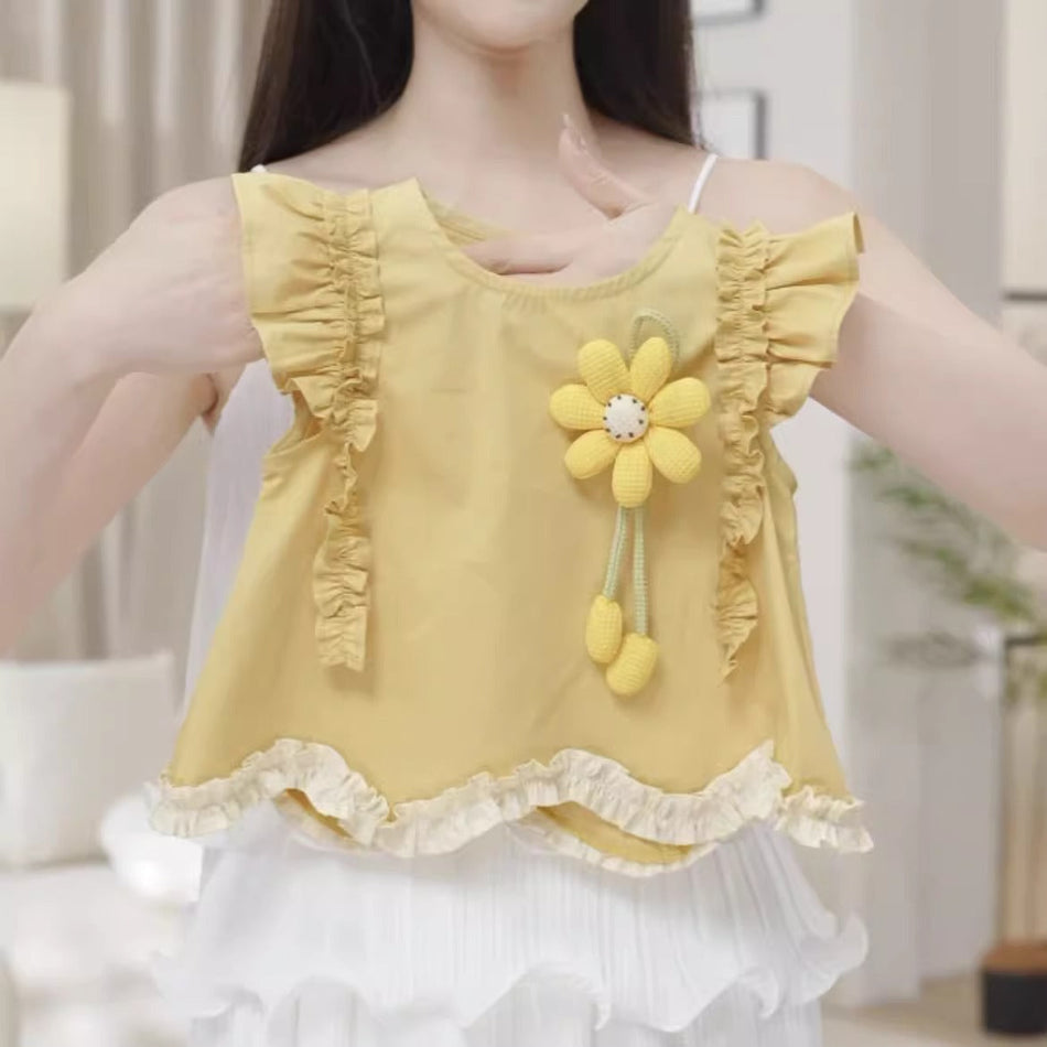2026 Girls Ruffled Lace Top & Shorts Summer Set