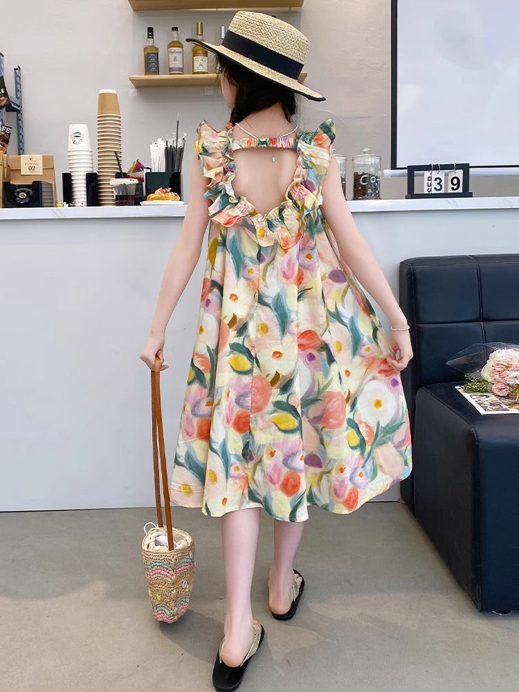 2026 Girls Flying Sleeve Sleeveless Beach Dress