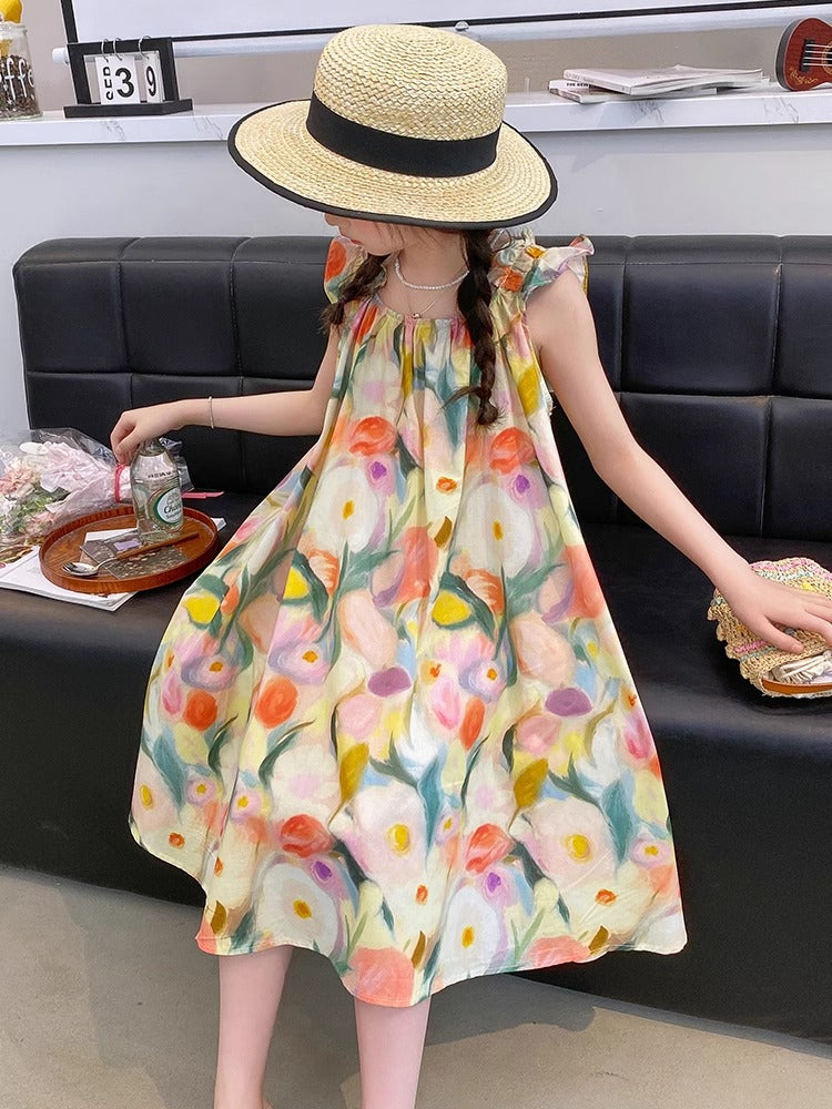 2026 Girls Flying Sleeve Sleeveless Beach Dress