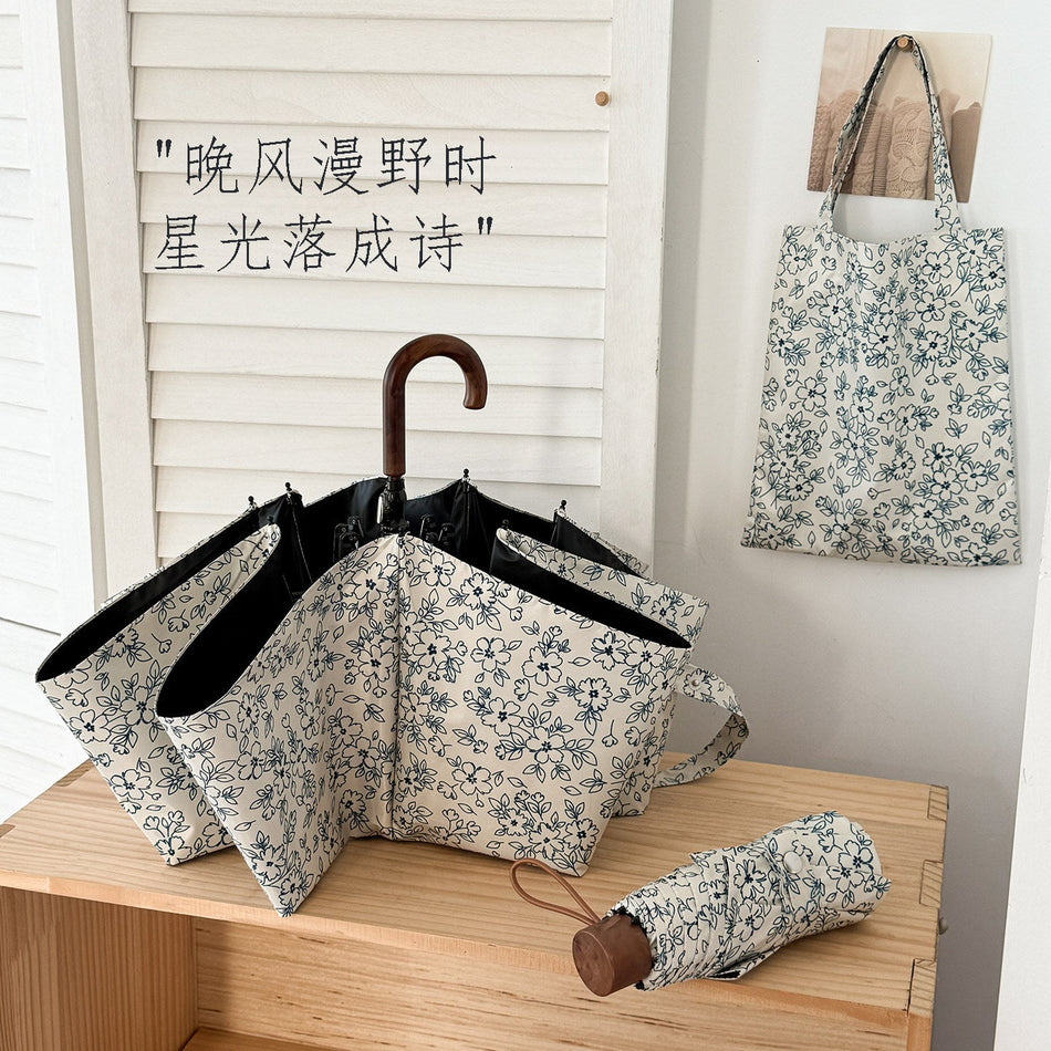 Floral Curved Handle UV Folding Umbrella