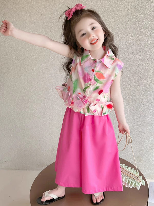 2026 Girls Floral Summer Two-Piece Vest & Pants Set