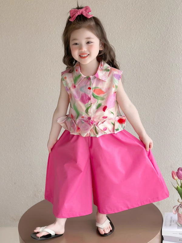 2026 Girls Floral Summer Two-Piece Vest & Pants Set