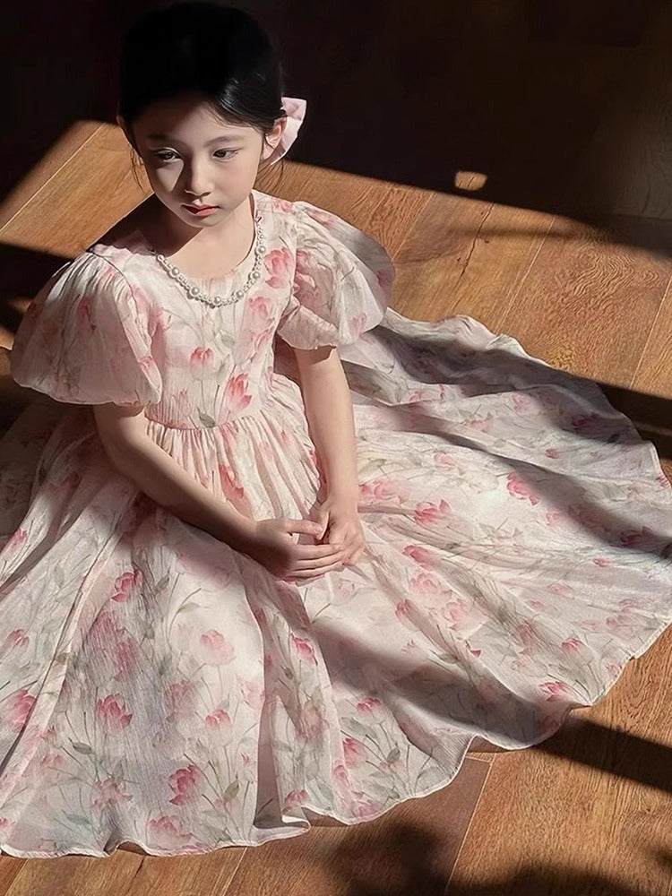 Girls Floral Puff Sleeve Dress 2026 Summer