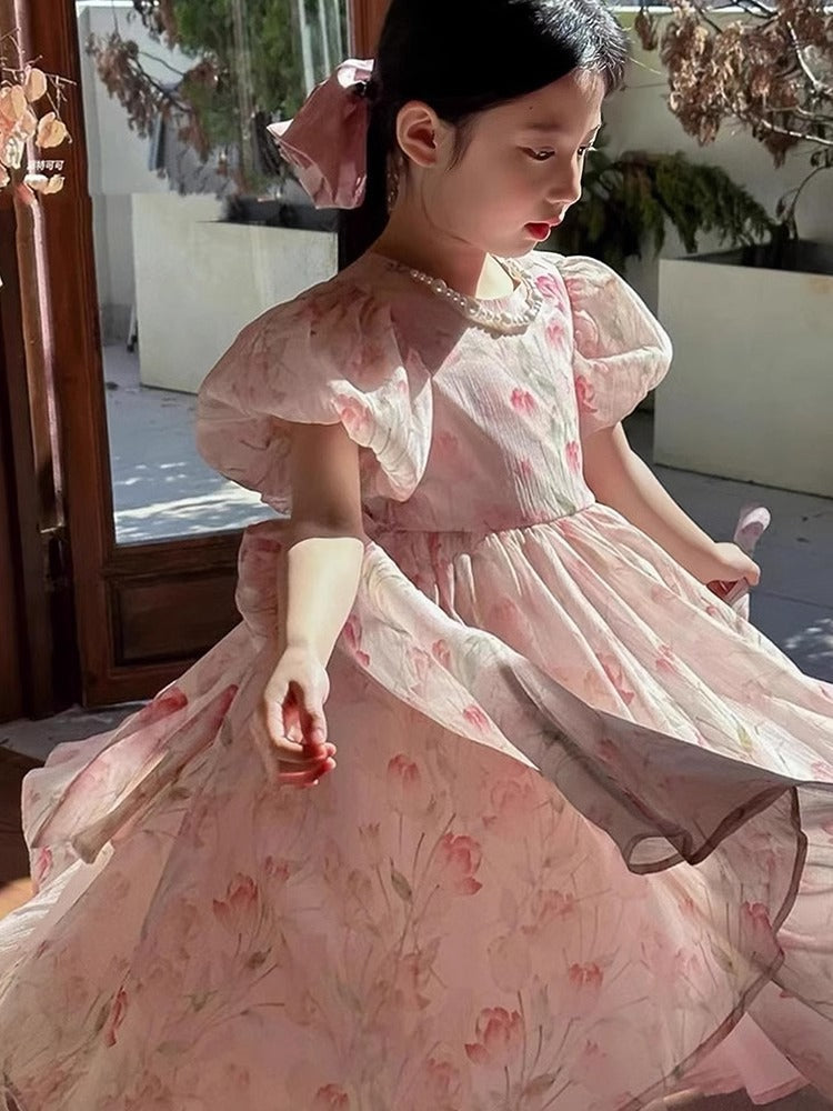 Girls Floral Puff Sleeve Dress 2026 Summer