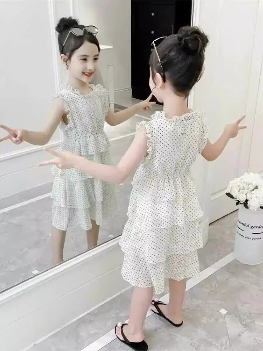 Girls Chiffon Wave Dot Princess Dress 2026