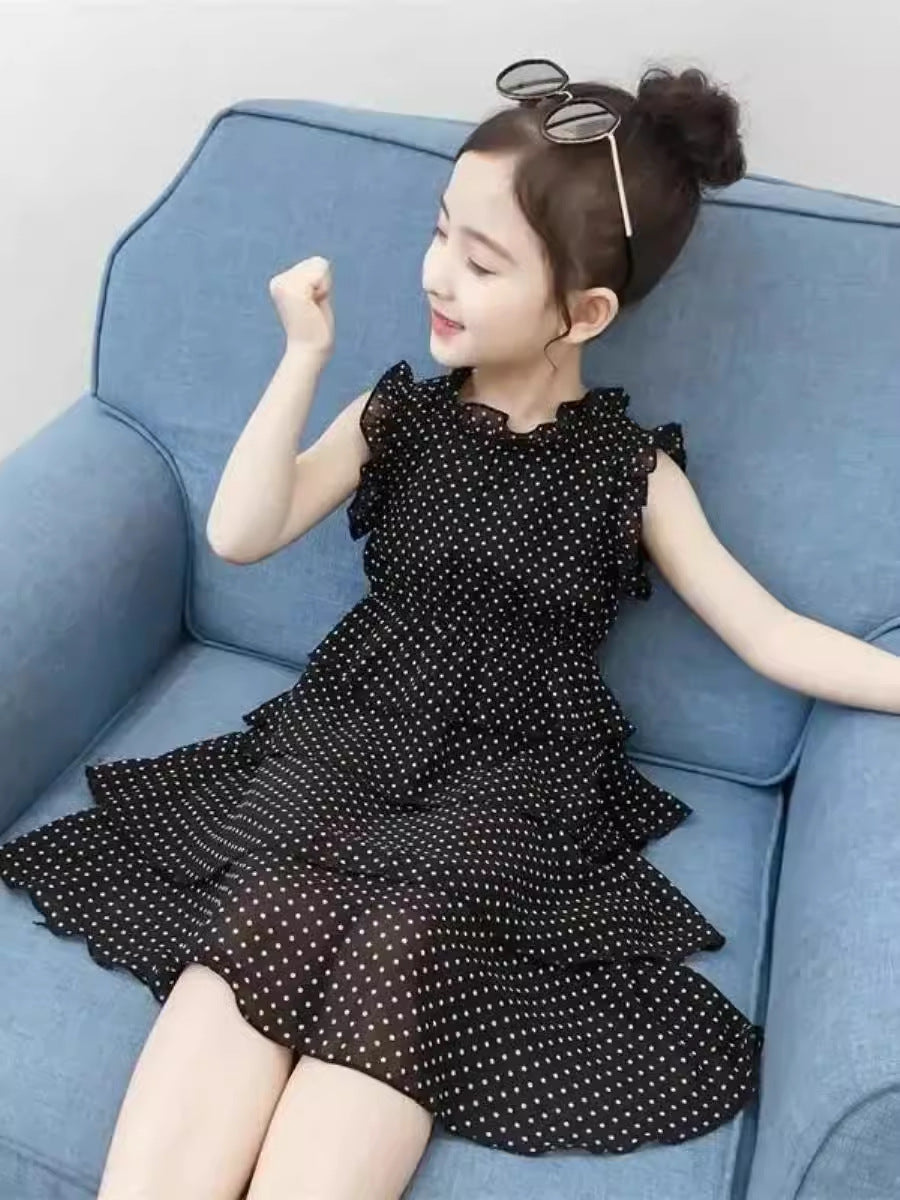 Girls Chiffon Wave Dot Princess Dress 2026
