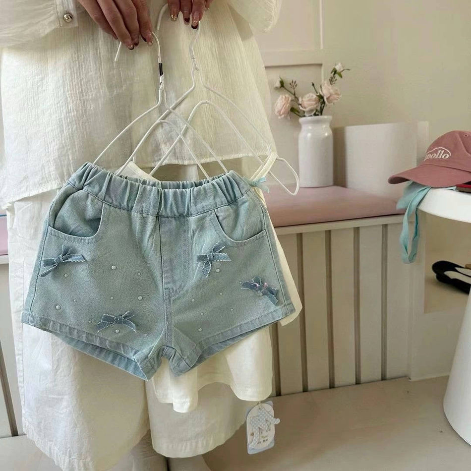 Girls Korean Denim Shorts 2026 Stylish Bow Summer Wear