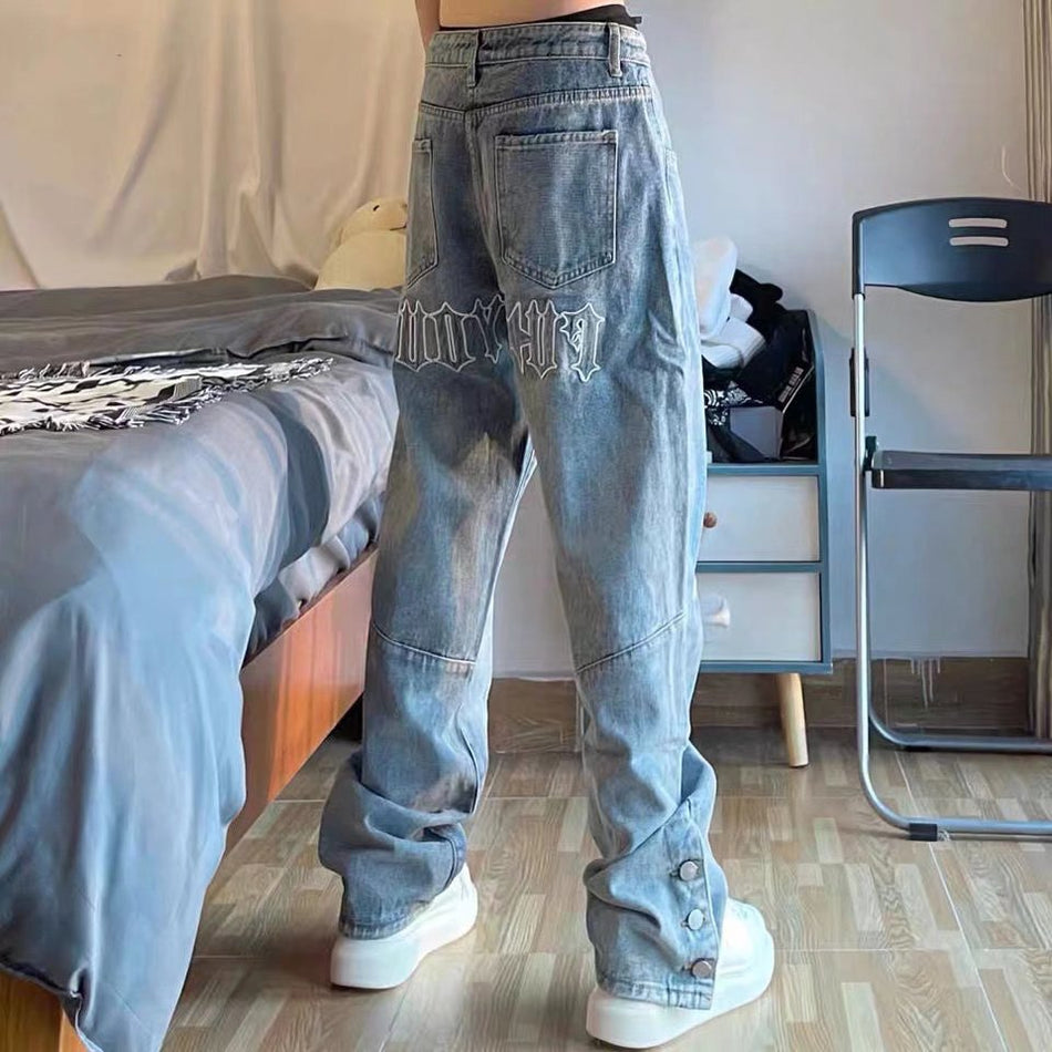 Embroidered Blue Loose Jeans – Streetwear Fit