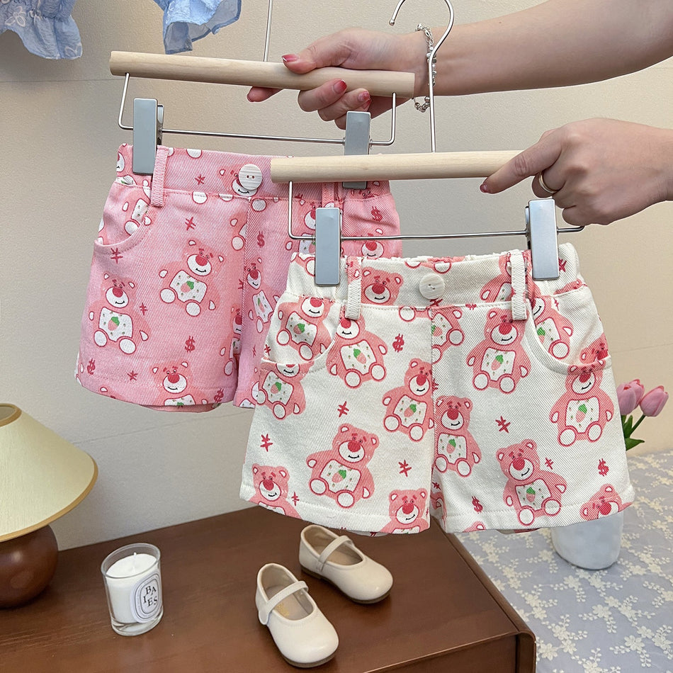 Girls Strawberry Bear Denim Shorts 2026 Summer Trendy