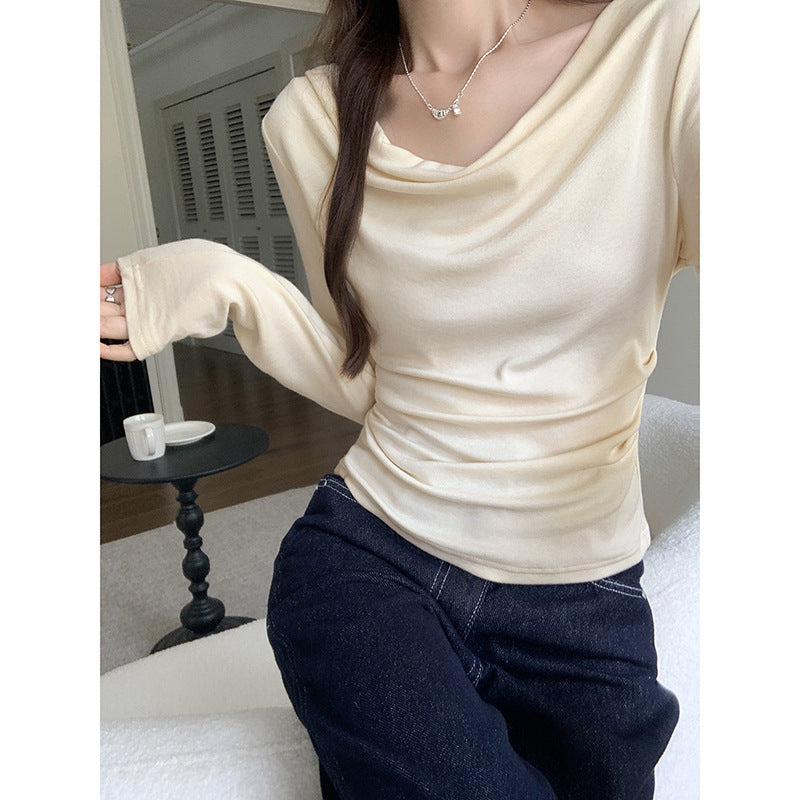 Korean Style Apricot Off-Shoulder Slim-Fit Long-Sleeved Top