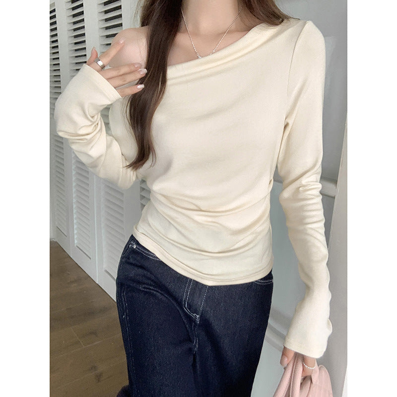 Korean Style Apricot Off-Shoulder Slim-Fit Long-Sleeved Top