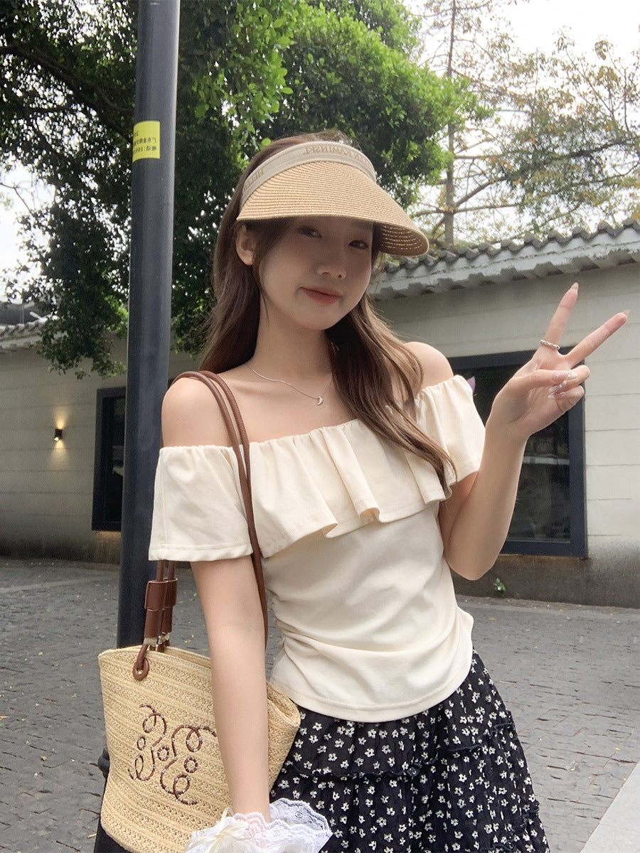 Ruffle Collar Slimming Summer T-Shirt with Pleated Waist