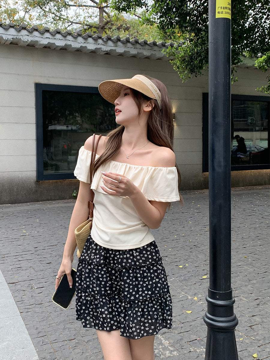 Ruffle Collar Slimming Summer T-Shirt with Pleated Waist