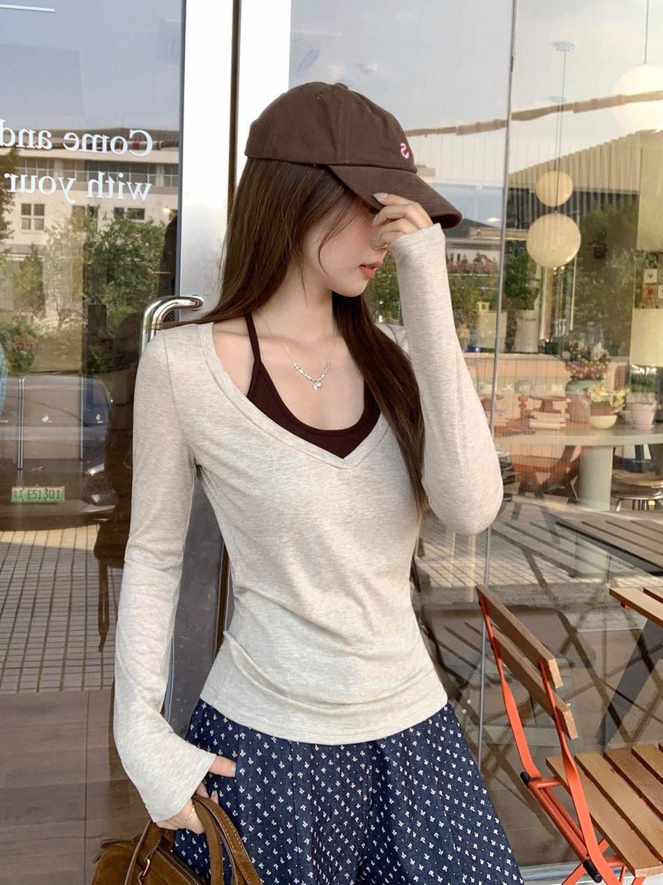 Oatmeal V-Neck Slim-Fit Long-Sleeve with Halter Tie-Up Top