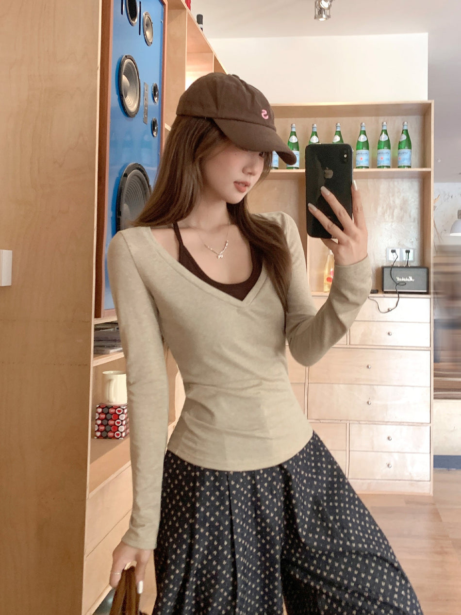 Oatmeal V-Neck Slim-Fit Long-Sleeve with Halter Tie-Up Top