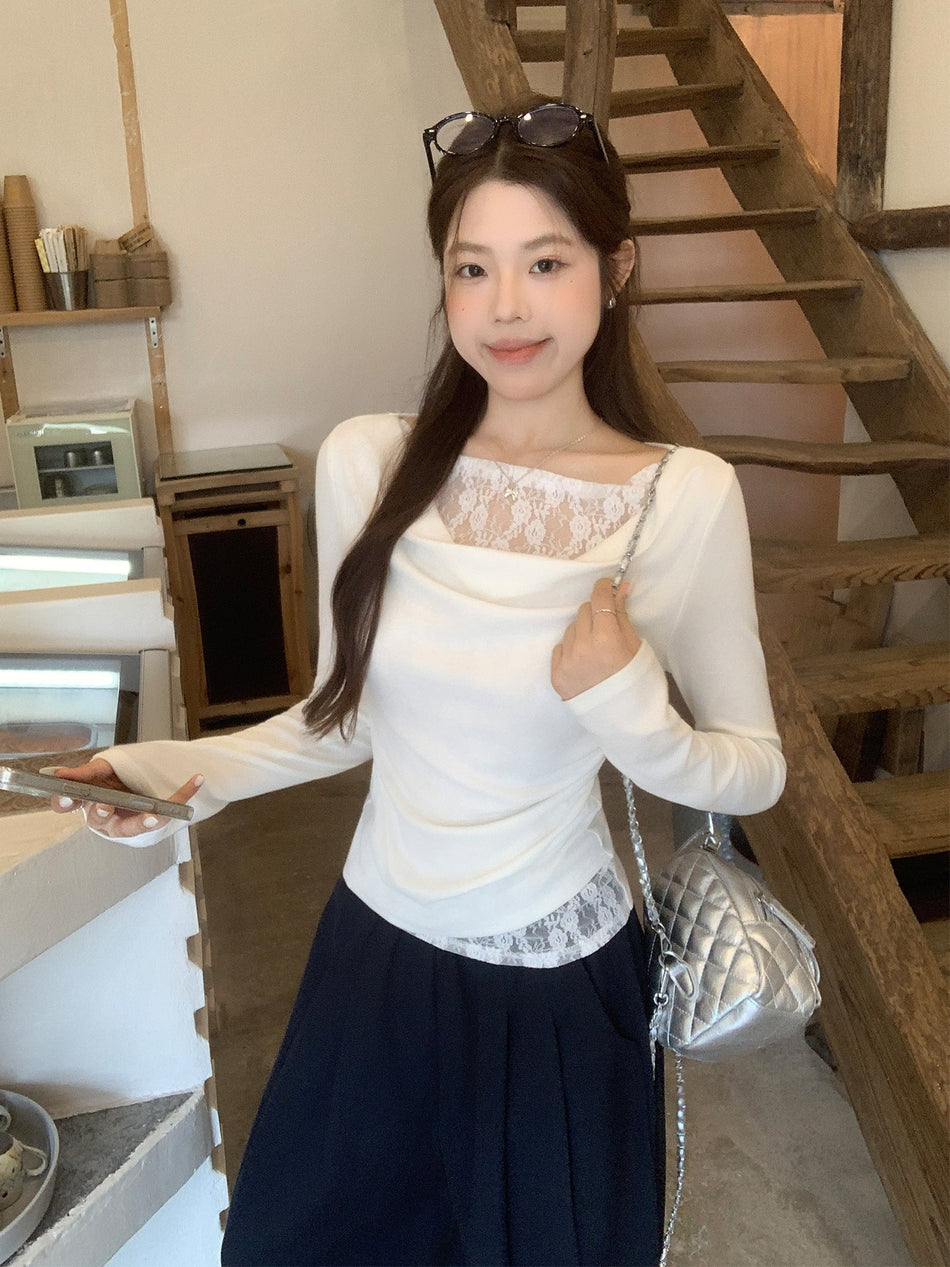 White Lace Fake Two-Piece Slim-Fit Long-Sleeved Top (2026)