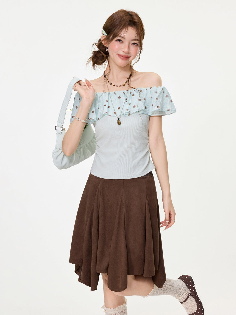 Light Green Polka Dot Off-Shoulder Lotus Leaf Slim Top