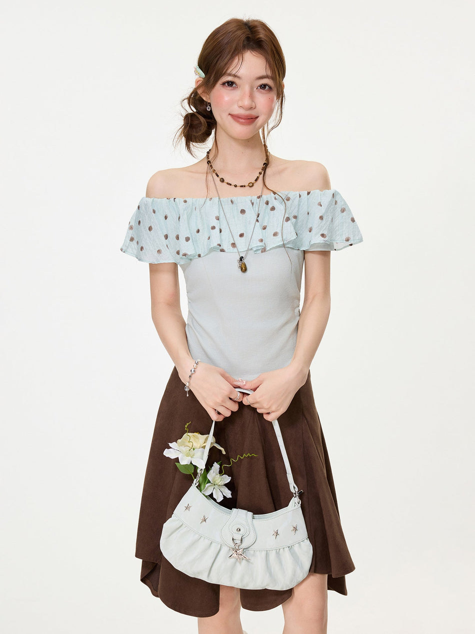 Light Green Polka Dot Off-Shoulder Lotus Leaf Slim Top
