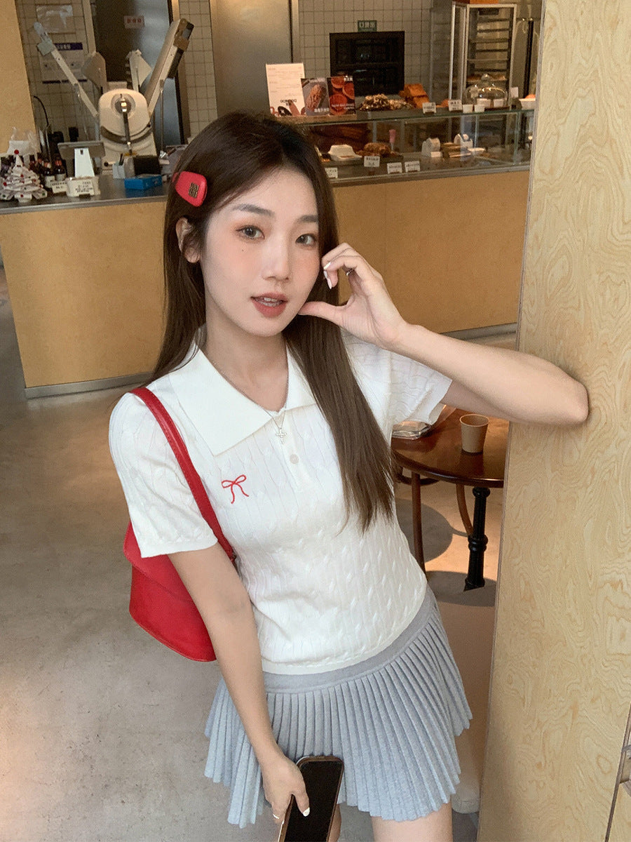 Korean Style Bow Twist POLO Slim-Fit Short-Sleeve Top (2026)