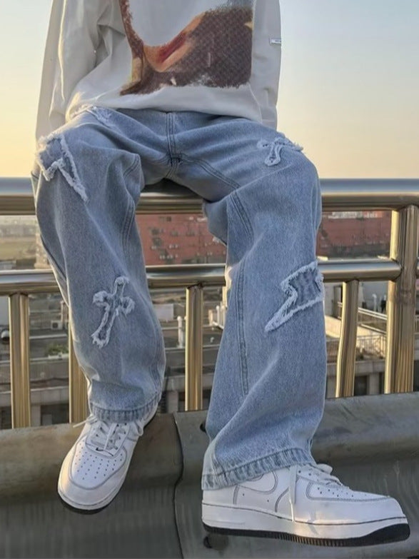 Patchwork Hip-Hop Jeans – Loose Straight Fit