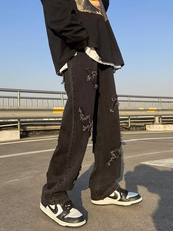 Patchwork Hip-Hop Jeans – Loose Straight Fit