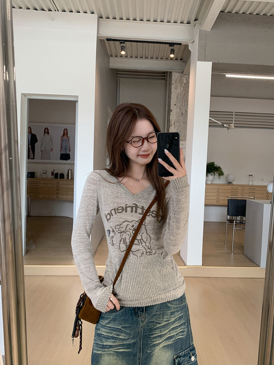 Korean V-Neck Embroidered "Pure Desire" Slim-Fit Knit Top (2026)