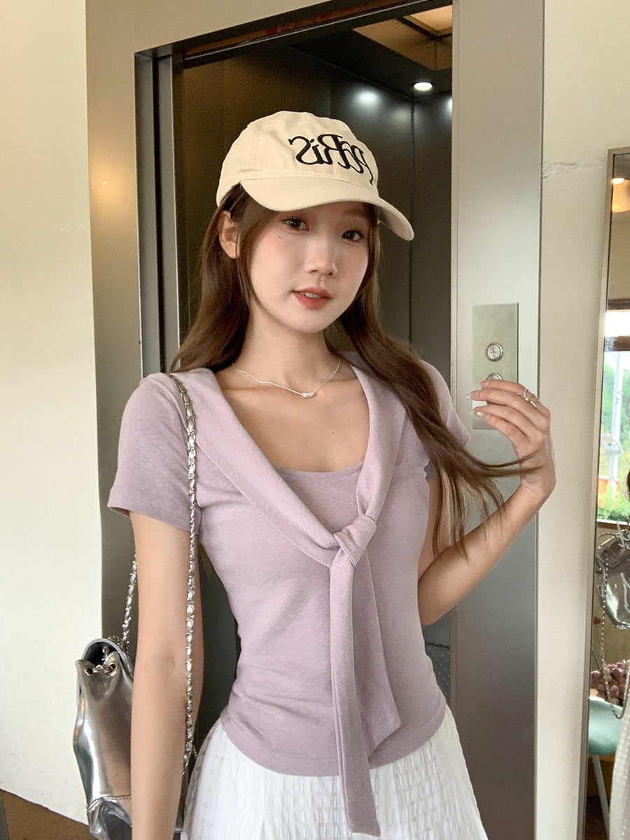 French Style V-Neck Fake Two-Piece Shawl T-Shirt (2026)