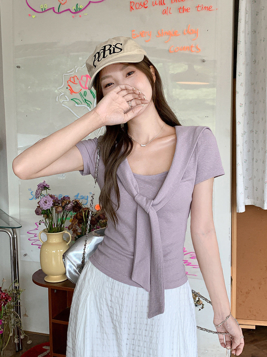 French Style V-Neck Fake Two-Piece Shawl T-Shirt (2026)