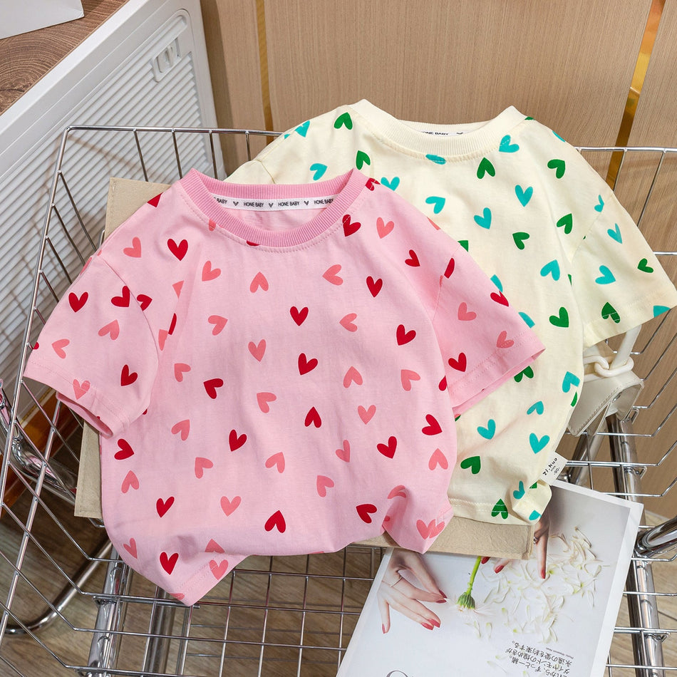 Girls Heart Print Summer T-Shirt 2026 Korean Style