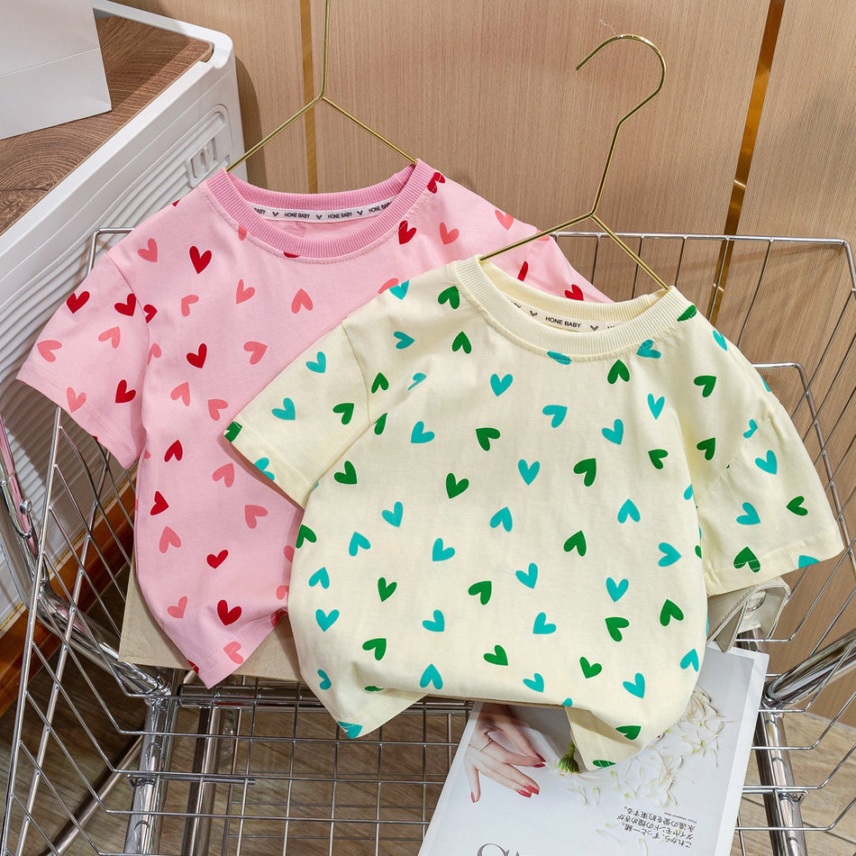 Girls Heart Print Summer T-Shirt 2026 Korean Style