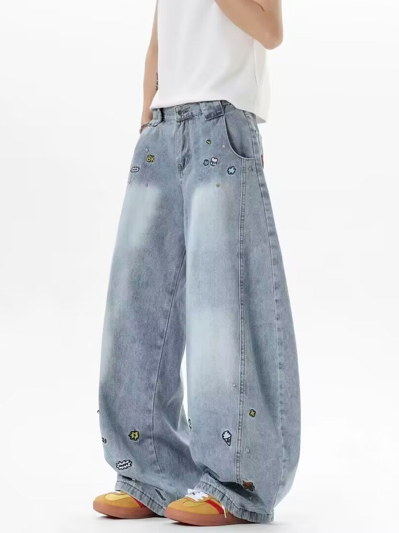 Cartoon Embroidered Wide-Leg Jeans – Casual Fit