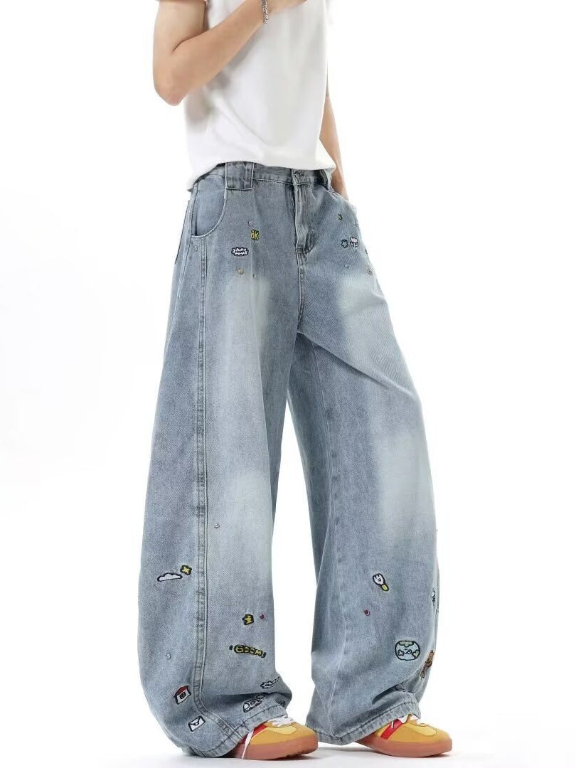 Cartoon Embroidered Wide-Leg Jeans – Casual Fit
