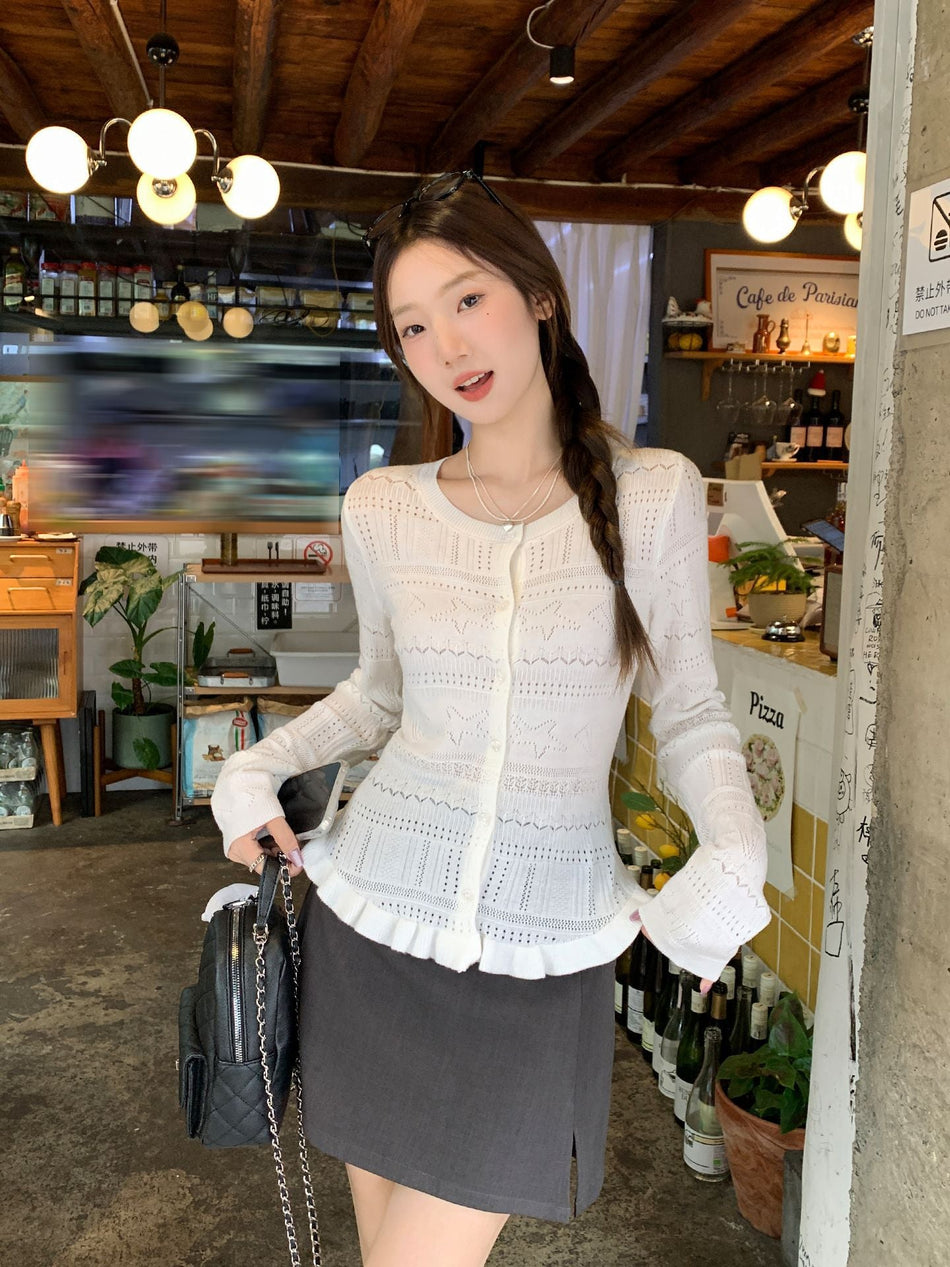 White Crochet Hollow Knit Slim Fit Cardigan