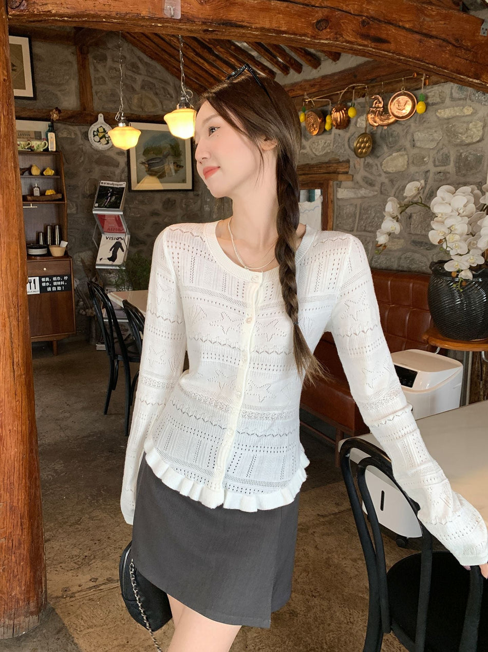 White Crochet Hollow Knit Slim Fit Cardigan
