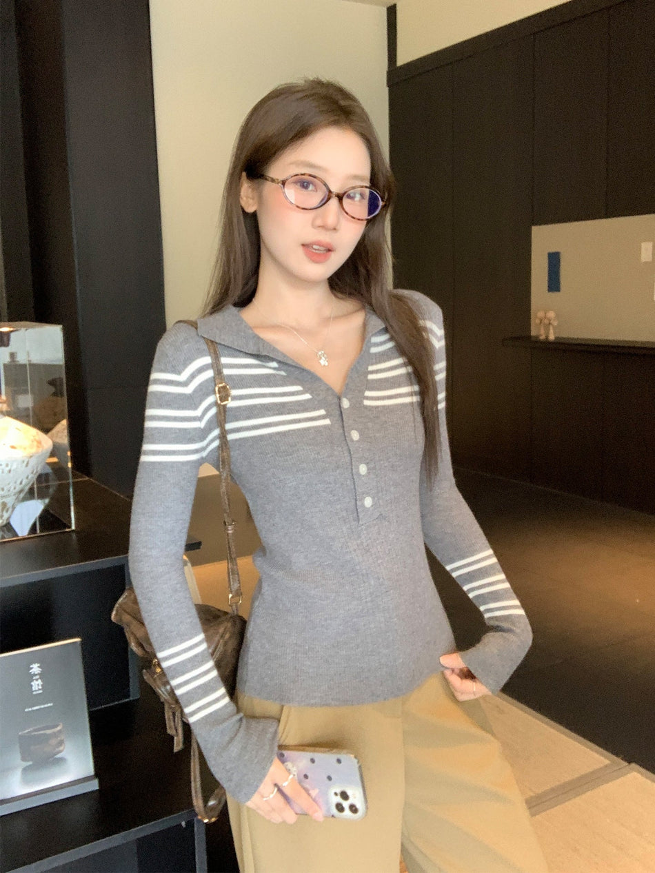 Gray Striped Lapel Button Knit Sweater