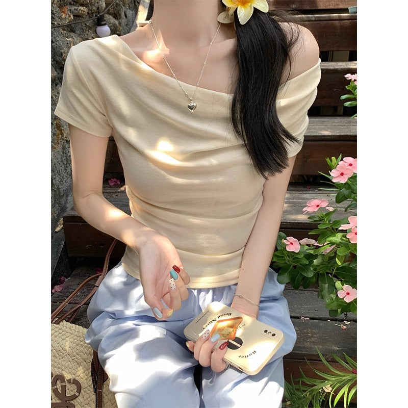 Off Shoulder Swing Collar Slim Fit T Shirt