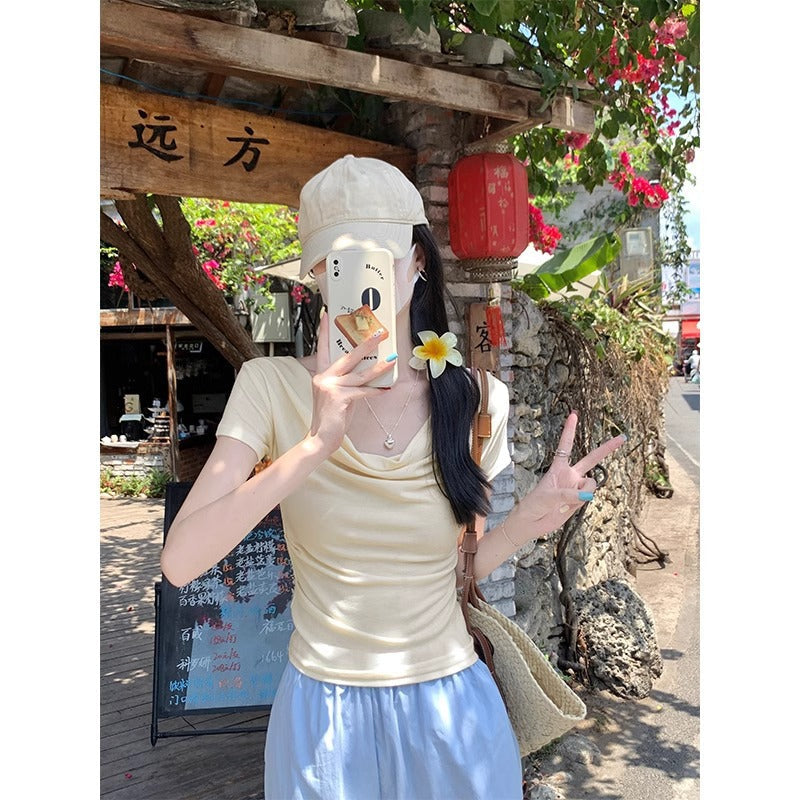 Off Shoulder Swing Collar Slim Fit T Shirt