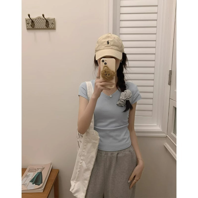 Blue V Neck Pleated Waist Flutter Sleeve Top
