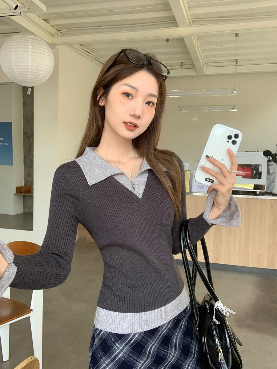 Contrast Polo Fake Two Piece Knit Top