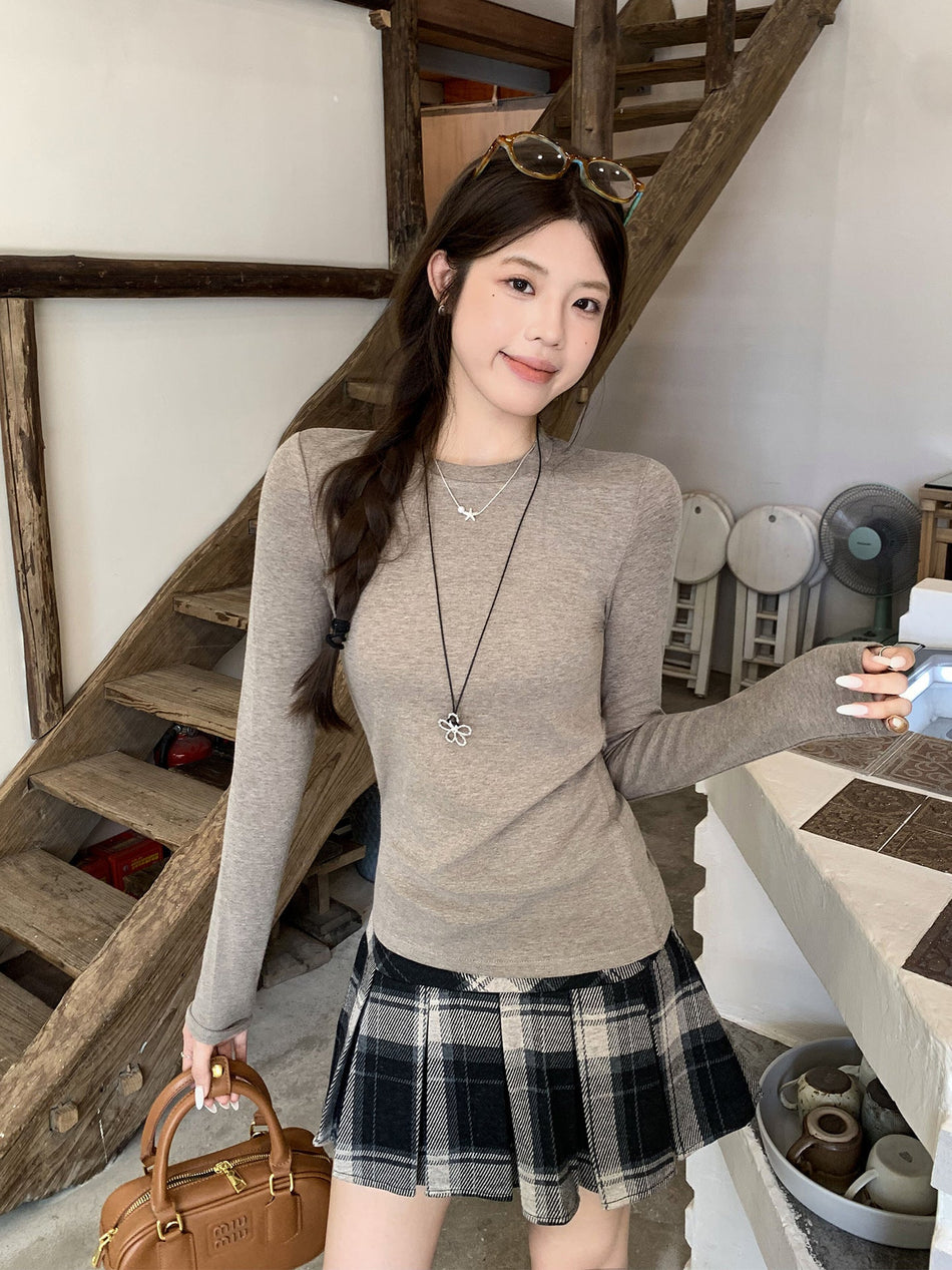 Oatmeal Knit Slim Fit Elegant Long Sleeve Top