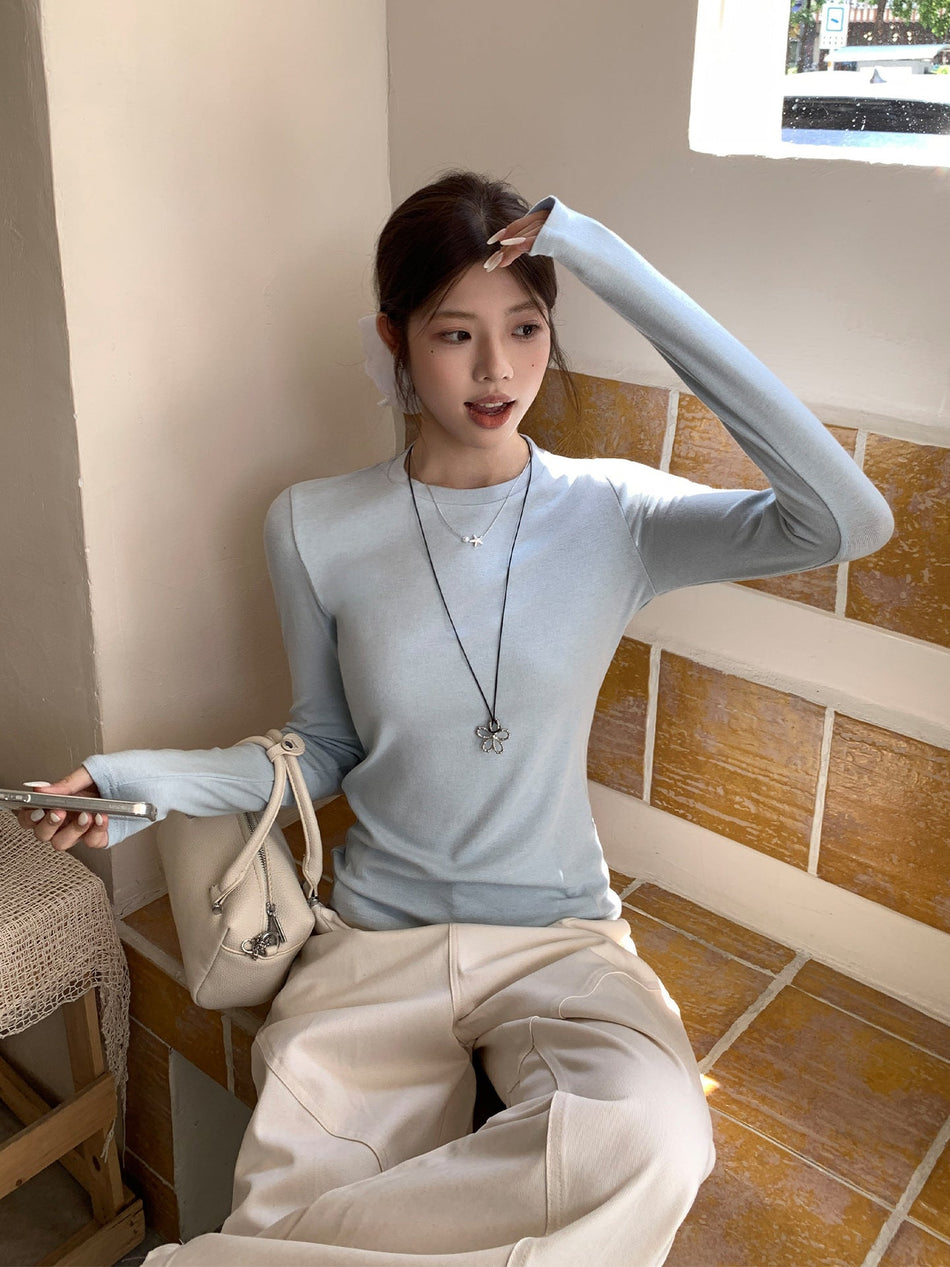 Oatmeal Knit Slim Fit Elegant Long Sleeve Top