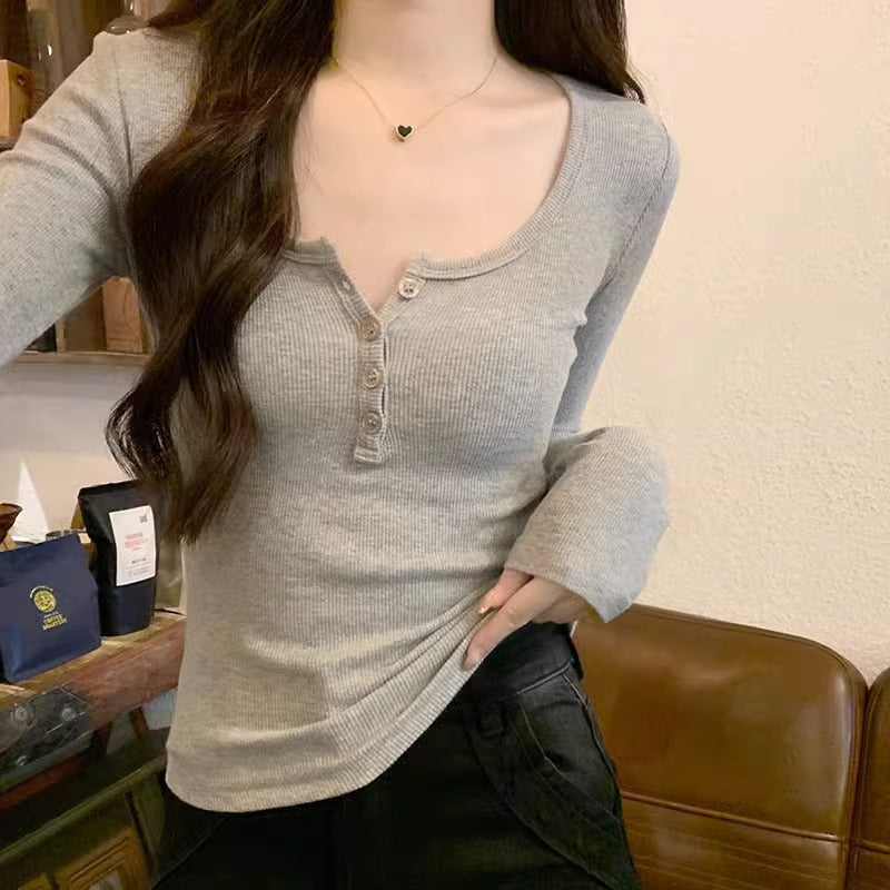 Gray U Neck Slim Fit Long Sleeve T Shirt