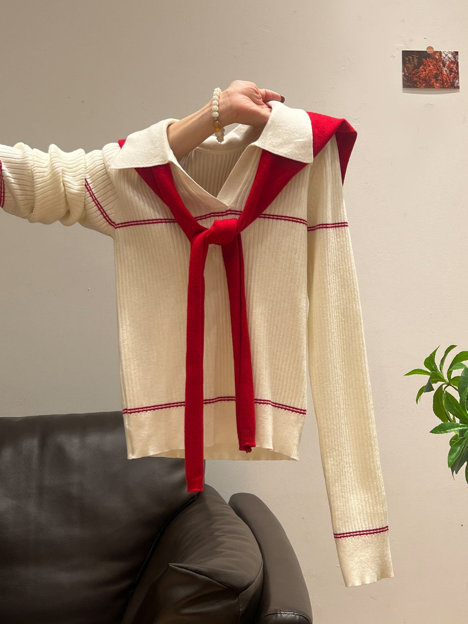 Red Shawl White V Neck Slim Winter Sweater