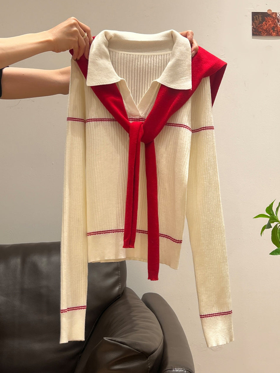 Red Shawl White V Neck Slim Winter Sweater
