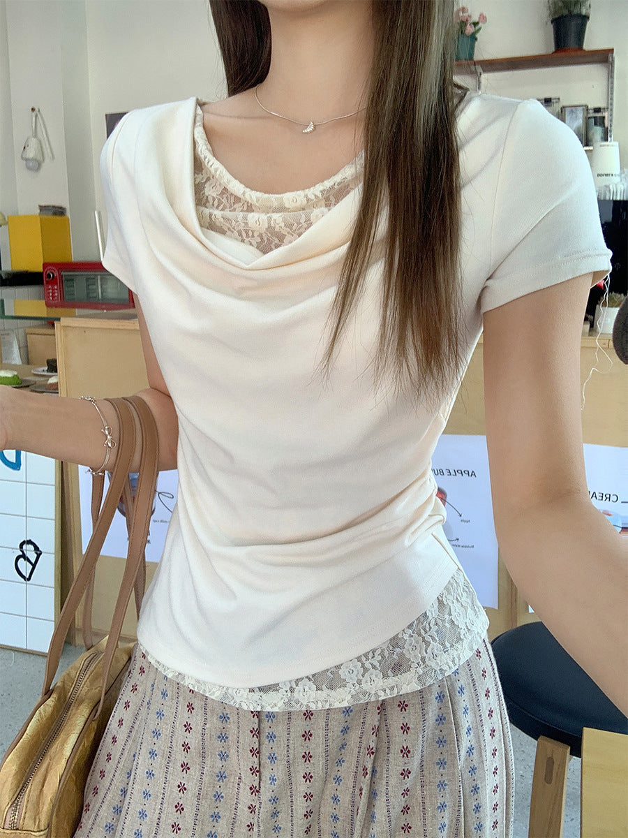 Korean Lace Collar Elegant Short Sleeve Top