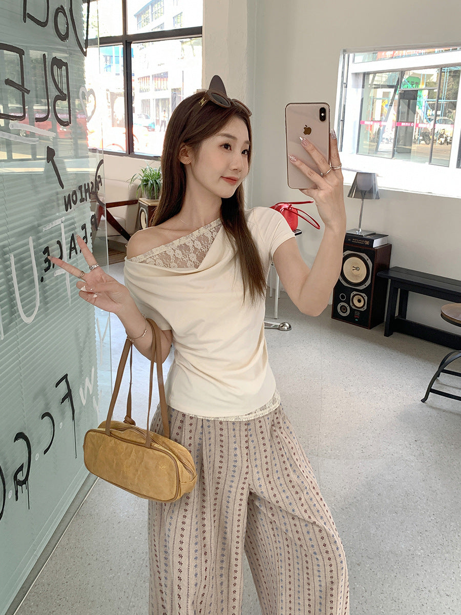 Korean Lace Collar Elegant Short Sleeve Top