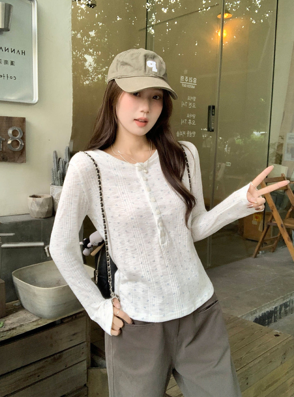 Floral Knit Slim Fit Long Sleeve Top