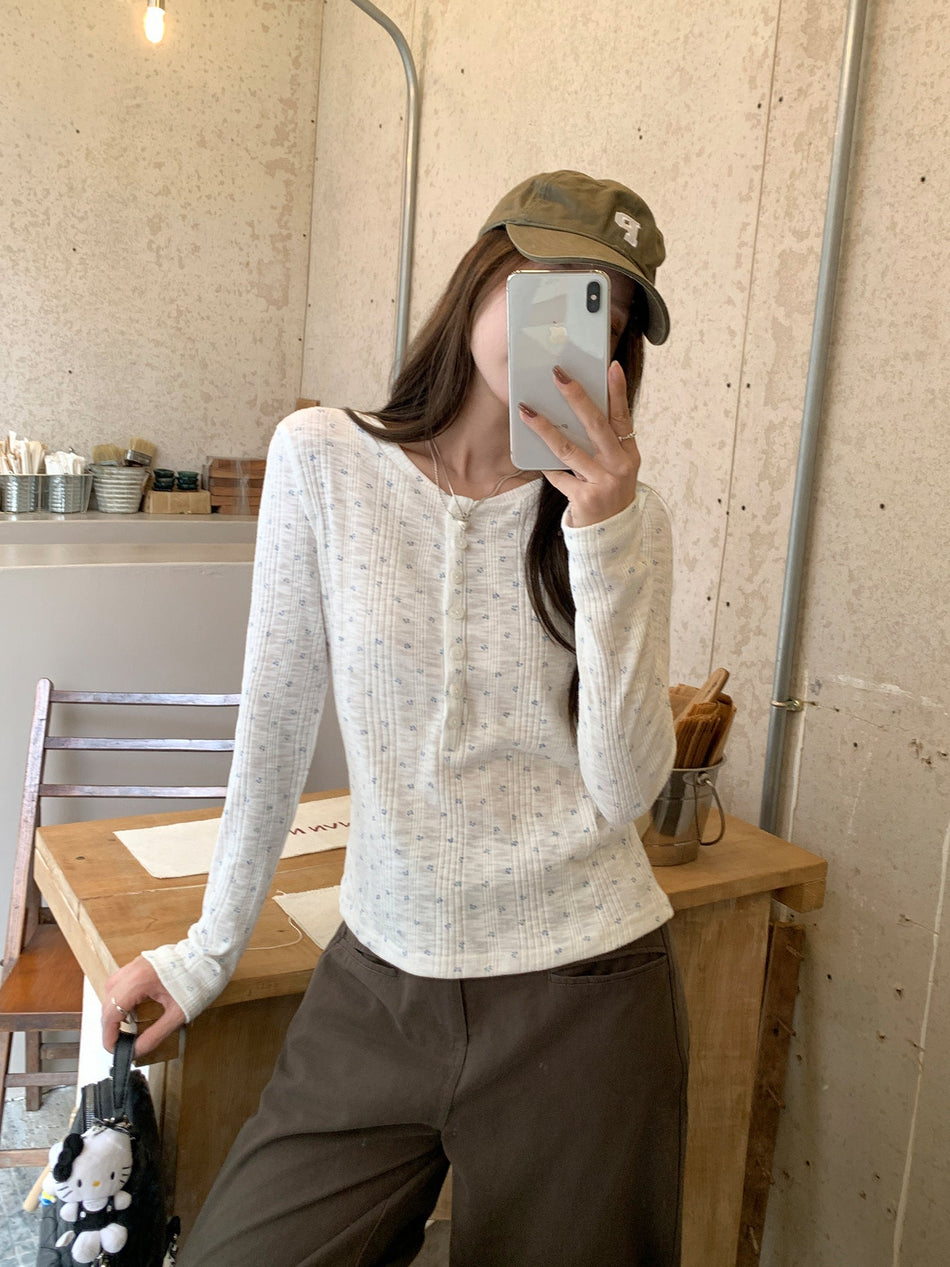 Floral Knit Slim Fit Long Sleeve Top