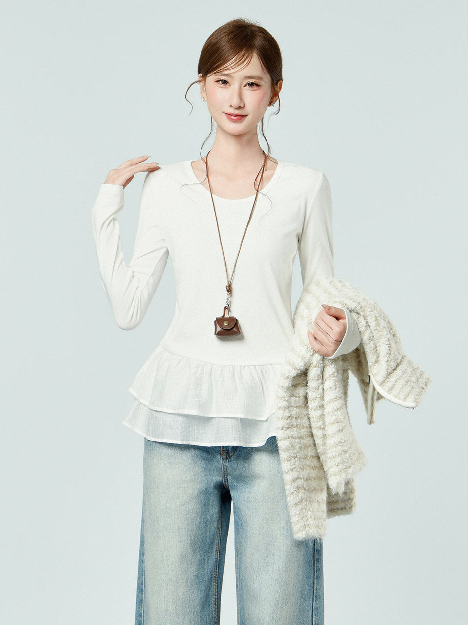 White Lace Hem Slim Long Sleeve Top