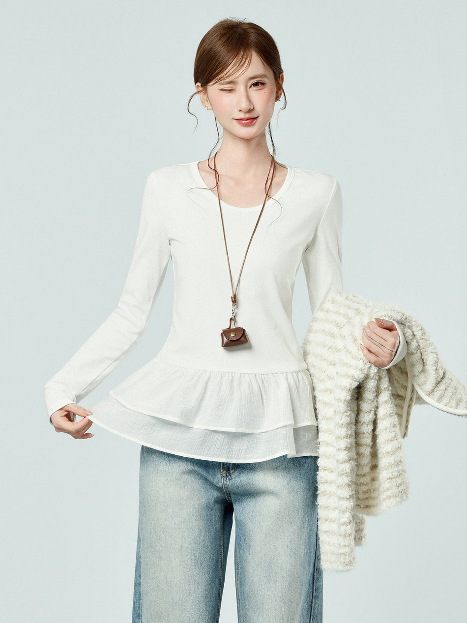 White Lace Hem Slim Long Sleeve Top